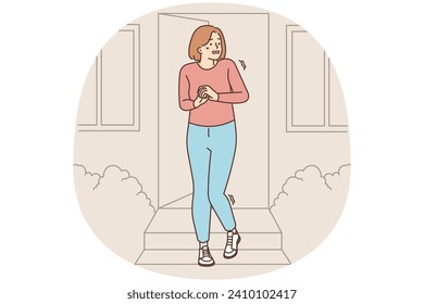 Una joven ensimismada sale de casa y siente que el ataque de pánico sufre de sociofobia. Las niñas enfermas y preocupadas por su salud luchan con problemas psicológicos mentales. Ilustración vectorial.