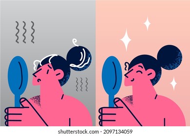 Anxious young woman look in mirror stressed with first grey hair on head, happy after saloon hairstyle and treatment. Comparison of female before and after beauty salon. Vector illustration. 