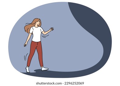 Anxious young woman look in unknown future. Worried girl on light path step dark way facing darkness and uncertainty. Fear and challenge, overcome difficulties. Vector illustration.