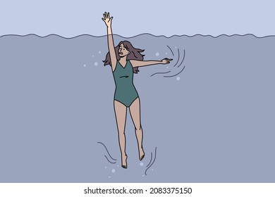 Anxious young woman panic drowning in water on summer vacation. Worried stressed girl ask beg for help go underwater on holiday resort. Marine activity and danger concept. Vector illustration.