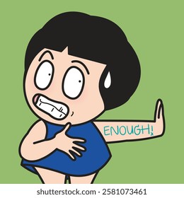 Anxious Young Woman Showing Hand Gesture Making The Enough Sign Concept Cartoon Character illustration