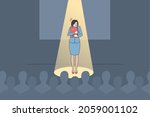 Anxious young woman speaker or presenter feel scared nervous of public speaking. Worried female stand on stage unconfident shy talking making presentation in front of audience. Vector illustration.