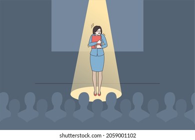 Anxious young woman speaker or presenter feel scared nervous of public speaking. Worried female stand on stage unconfident shy talking making presentation in front of audience. Vector illustration.