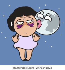 Anxious Young Woman With Tired Puffy Eyes Avoiding Unwanted Kiss From The Moon Concept Card Character illustration