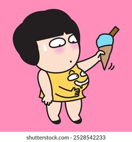 An anxious young women is looking at Her Greedy tummy Concept cartoon Character illustration