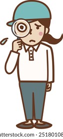 An anxious-looking female worker wearing a hat and holding a magnifying glass.
