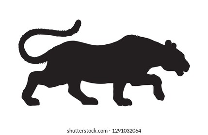 Anxiously powerful pretty young big alert leo sneak fierce looking for prey. Dark ink hand drawn raubkatze logo emblem pictogram in art contour print graphic style on white paper