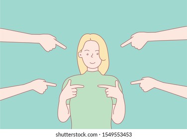 Anxiously surprised woman. Hand made style illustration. vector charge illustration. point a finger at a girl. Blaming you