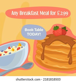 Any breakfast meal on discounted price, book table today. Restaurant or cafe menu, special offer for clients, Pancakes and oats. Promotional banner, poster with advertisement. Vector in flat style