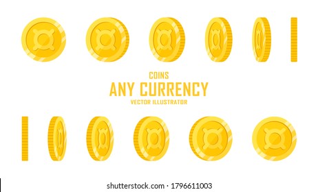 Any currency sign golden coins isolated on white background. Set of flat icon design of spinning or rotating coin with symbol at different angles for motion, animation or game. Vector illustration.