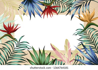 For any event invitation card template. Exotic tropical jungle multicolor vivid palm tree and monstera leaves hibiscus flowers border frame design for banner or flyer on the white background