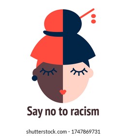 any life matters. community unity, multi colored people. say no to racism text and two multiracial persons icon. black and asian woman.