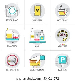 Any Time Open Restaurant Bar Service Public Sign Icon Set Vector Illustration