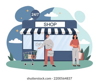 Any Time Service. Man And Woman With Packages Next To Store. Advertising Poster Or Banner For Website. Regular Customer Service, Sale Of Goods, Small Business. Cartoon Flat Vector Illustration