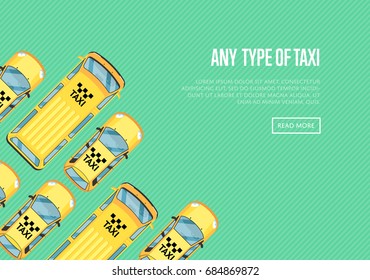 Any type of taxi poster with yellow cabs. Urban heavy traffic concept, commercial automobile transportation, city taxi service. Auto business advertising vector illustration in flat style