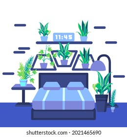 any various green plants in vase put in your bed room with blue bed sheets and blue carpet makes your room more beautiful