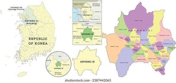 Anyang-si (Anyang) location on Gyeonggi-do (Gyeonggi Province) and Republic of Korea (South Korea) map. Clored. Vectored