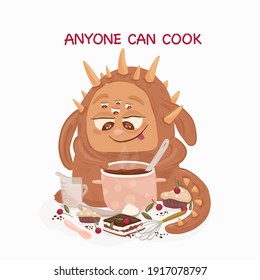 Anyone can cook -calligraphic handwritten inscription. Child t-shirt design idea. Cartoon style. Motivating phrase.