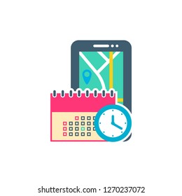 anytime and anywhere concept illustration, location, Calendar, schedule, reminder, planning app on smartphone screen.  Vector flat illustration