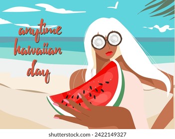 Anytime hawaiian day. Vacation on hawaiian. Huge fruit, tiny girl.