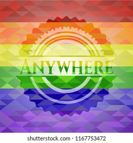 Anywhere emblem on mosaic background with the colors of the LGBT flag