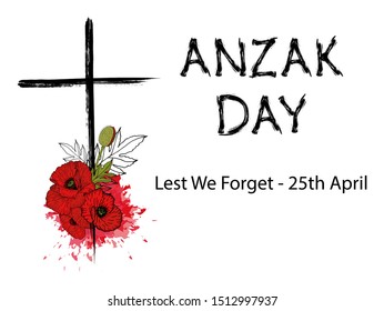 ANZAC (Australia New Zealand Army Corps) Day card in vector format. Abstract background with poppies and text Lest we forget - 25 april.