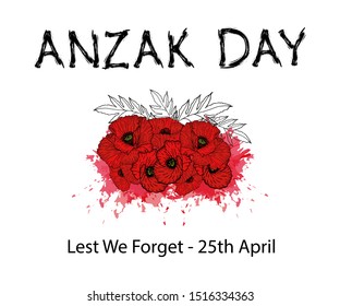 ANZAC (Australia New Zealand Army Corps) Day card in vector format. Abstract background with poppies and text Lest we forget - 25 april.