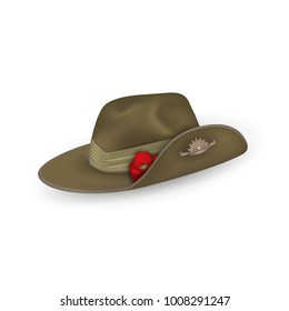 Anzac australian army slouch hat with red poppy isolated. Design elements for Anzac Day or Remembrance Armistice Day in New Zealand, Australia. Vector illustration.