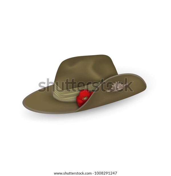 Anzac australian army\
slouch hat with red poppy isolated. Design elements for Anzac Day\
or Remembrance Armistice Day in New Zealand, Australia. Vector\
illustration.