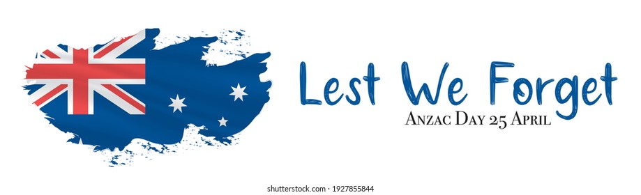 Anzac banner, Anzac day. 25 april. Australian flag and inscription. Lest we forget lettering, vector.