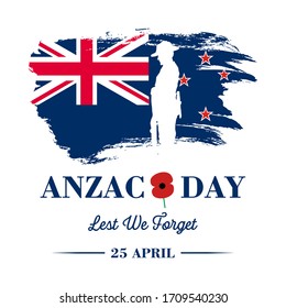 Anzac banner, Silhouette of soldier paying respect on New Zealand flag, vector