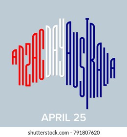 Anzac Day April 25, Australia map typographic written map illustration