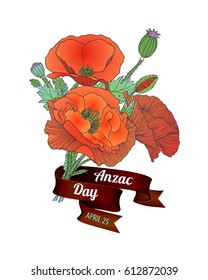 Anzac Day. April 25. Poppy flowers bouquet