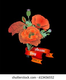 Anzac Day. April 25. Poppy flowers bouquet