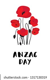 ANZAC DAY. Australia New Zealand Army Corps. Red poppy flowers and lettering text on white