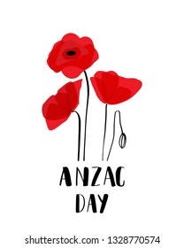 ANZAC DAY. Australia New Zealand Army Corps. Vector lettering text and red poppy flowers on white background