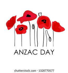 DÍA ANZAC. Cuerpo del Ejército de Nueva Zelanda de Australia. Texto con letras del vector y flores rojas de amapola sobre fondo blanco