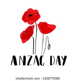 ANZAC DAY. Australia New Zealand Army Corps. Vector lettering text and red poppy flowers on white background