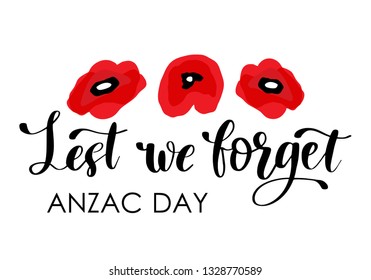 ANZAC DAY. Australia New Zealand Army Corps. Vector lettering text and red poppy flowers on white background