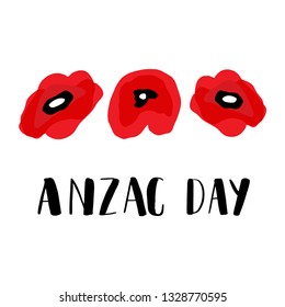 ANZAC DAY. Australia New Zealand Army Corps. Vector lettering text and red poppy flowers on white background