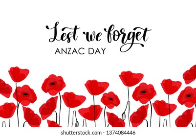 ANZAC DAY. Australia New Zealand Army Corps. Red poppy flowerrs and text on white background