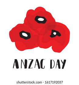 ANZAC DAY. Australia New Zealand Army Corps. Red poppy flowers and lettering text isolated on white background