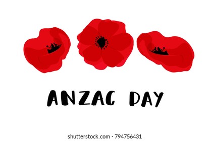 ANZAC DAY. Australia New Zealand Army Corps - ANZAC Day card with red poppies and lettering text. Vector illustration on white background