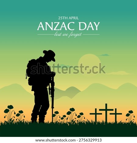 Anzac day background with australian soldier and beauty landscape. Lest we forget. Vector illustration of beauty landscape. Remembrance day symbol.