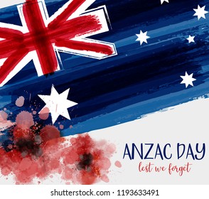 Anzac Day background with grunge watercolor Australia flag and two red poppy flowers. Remembrance symbol. Lest we forget.