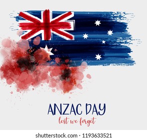 Anzac Day background with grunge watercolor Australia flag and two red poppy flowers. Remembrance symbol. Lest we forget.