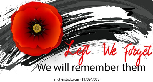 Anzac day background with red abstract poppies. Red poppy flower on grunge brush strokes background. Vector illustration