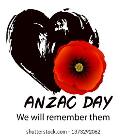 Anzac day background with red abstract poppies. Red poppy flower on black grunge heart background.  Vector illustration