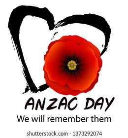 Anzac day background with red abstract poppies. Red poppy flower on black grunge heart background.  Vector illustration