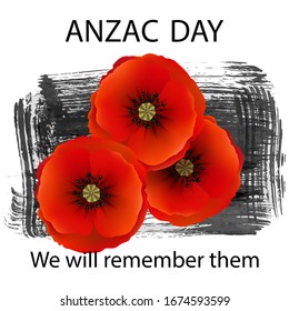 Anzac day background with red abstract poppies. Red poppies on a background of  hand drawn ink grunge strokes. Remembrance Day vector illustration. Design element for poster, banner, web design